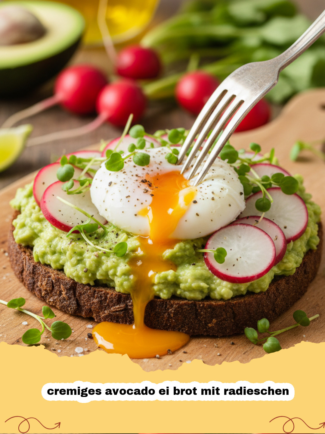 cremiges avocado ei brot mit radieschen - Cremiges Avocado Ei Brot mit Radieschen auf Holzbrett