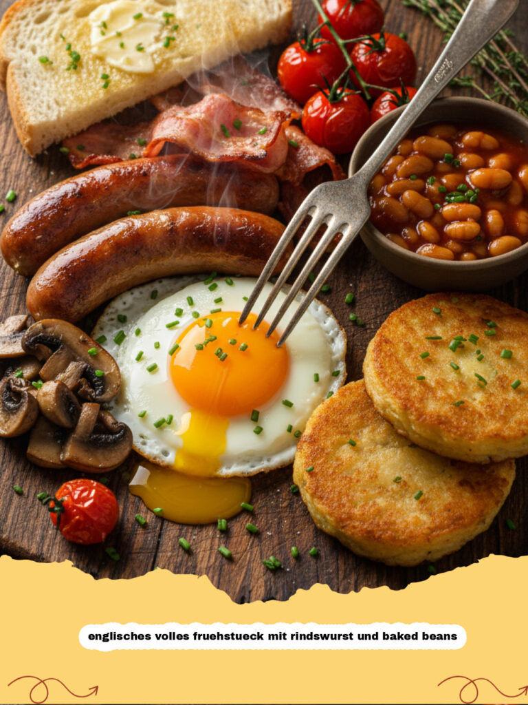 Ein Teller mit englisches volles fruehstueck mit rindswurst und baked beans, Eiern, Pilzen und Toast