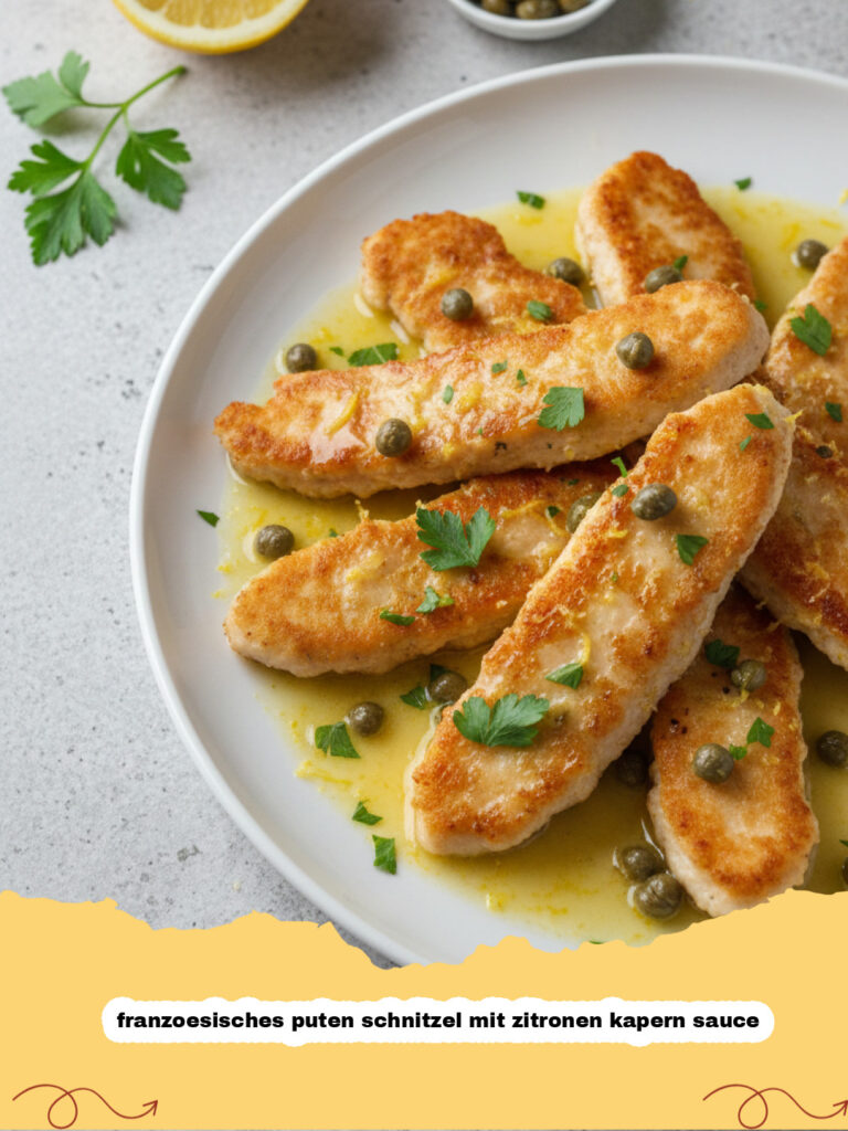 Ein Teller mit franzoesisches puten schnitzel mit zitronen kapern sauce, garniert mit Zitronenscheiben und Petersilie