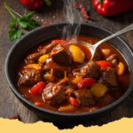 hausgemachtes rindergulasch mit paprika - Hausgemachtes Rindergulasch mit Paprika in einem gusseisernen Topf, garniert mit frischer Petersilie und Sauerrahm, dazu Nudeln.