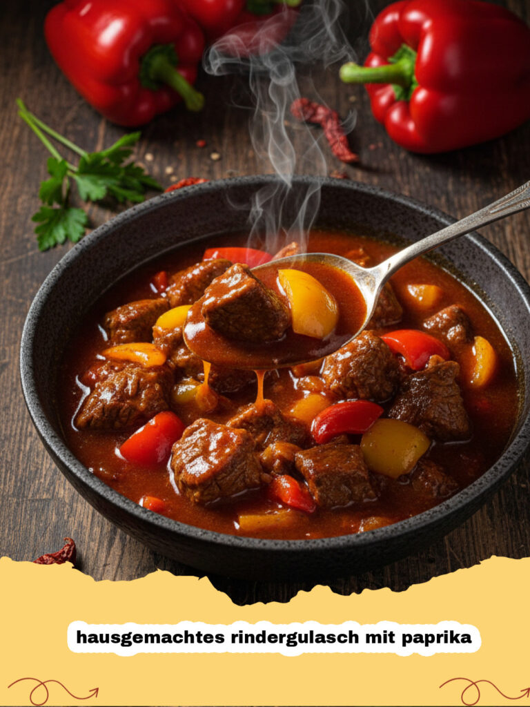 hausgemachtes rindergulasch mit paprika - Hausgemachtes Rindergulasch mit Paprika in einem gusseisernen Topf, garniert mit frischer Petersilie und Sauerrahm, dazu Nudeln.