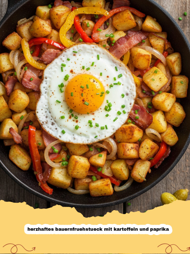 Ein dampfendes herzhaftes bauernfruehstueck mit kartoffeln und paprika in einer gusseisernen Pfanne