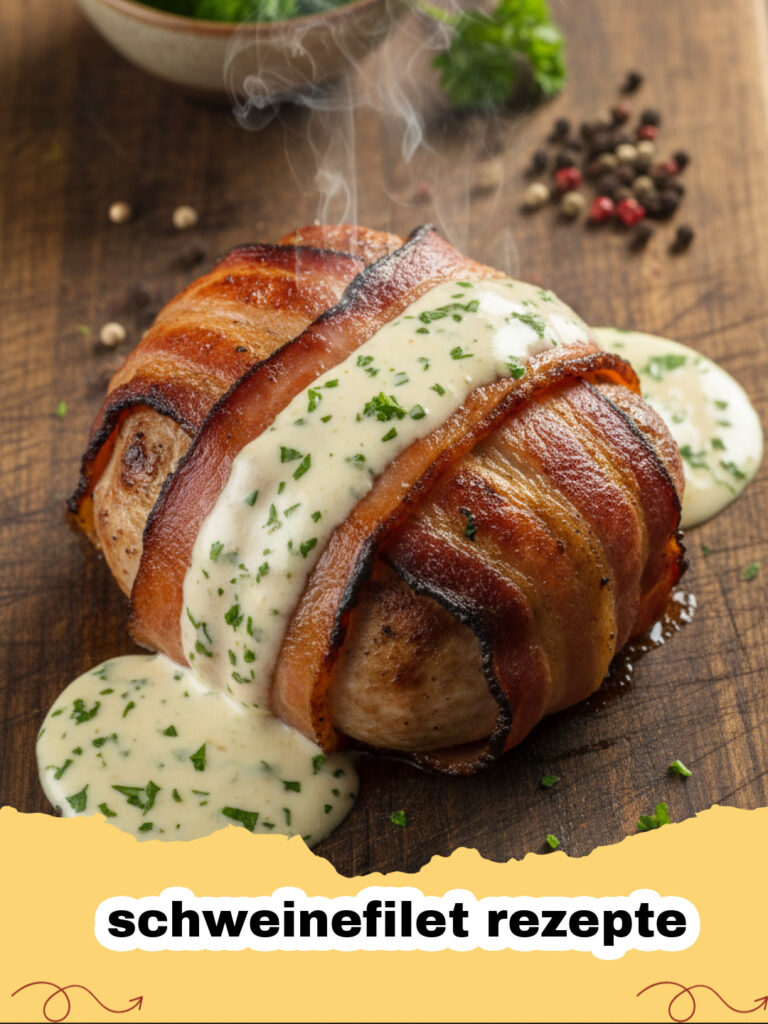 schweinefilet rezepte - Zartes Schweinefilet in cremiger Rahmsauce auf einem weißen Teller serviert