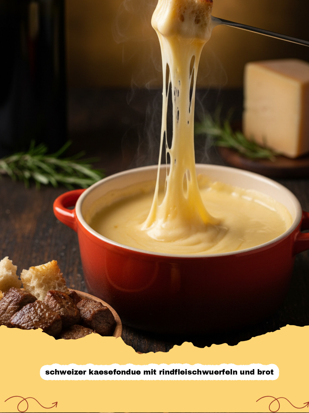 Herzhaftes Schweizer Käsefondue mit Rindfleischwürfeln und Brot: Das ultimative Winterrezept