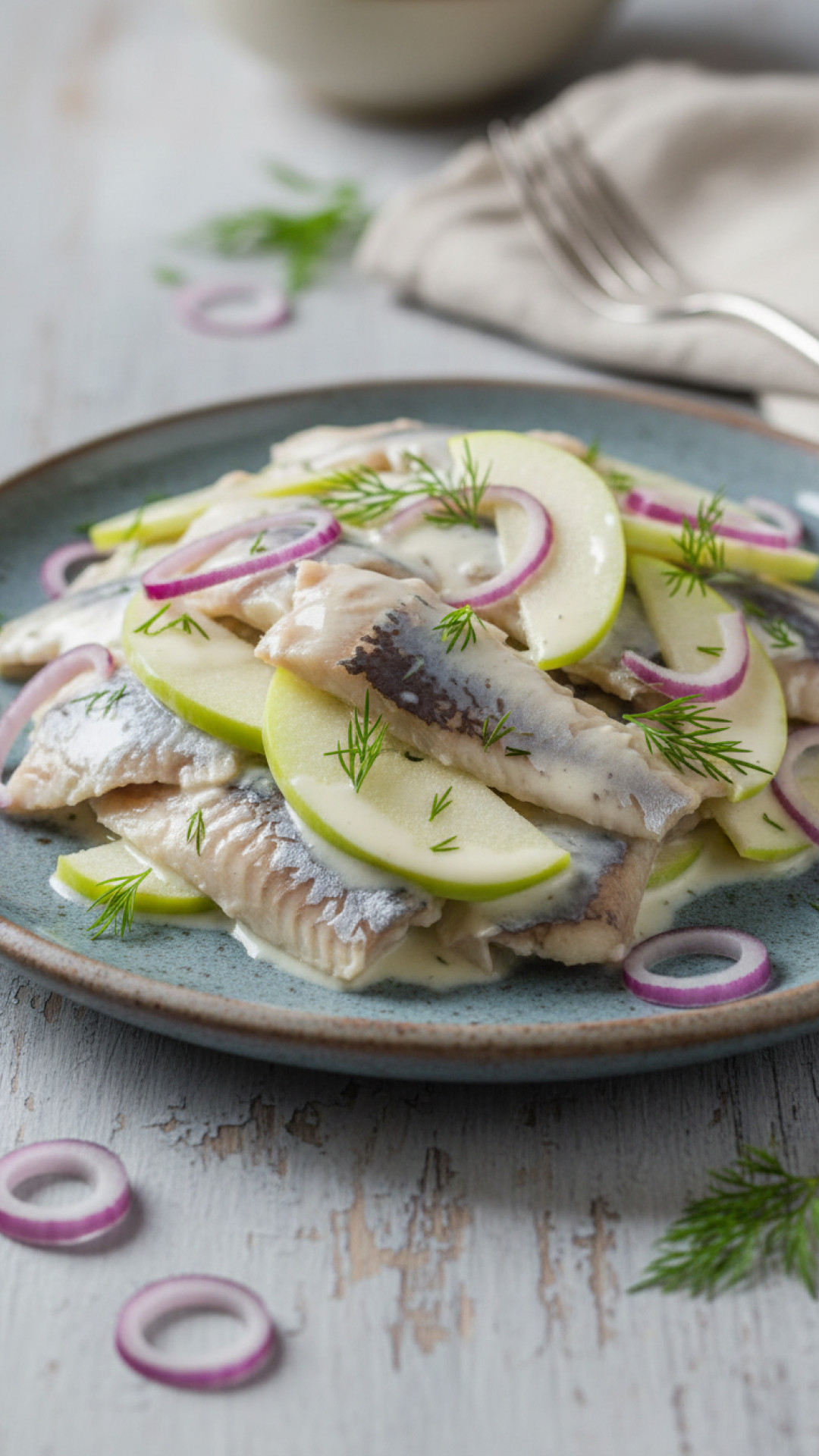 Polnische Heringe in Sahnesoße mit Äpfeln und Zwiebeln Preparation