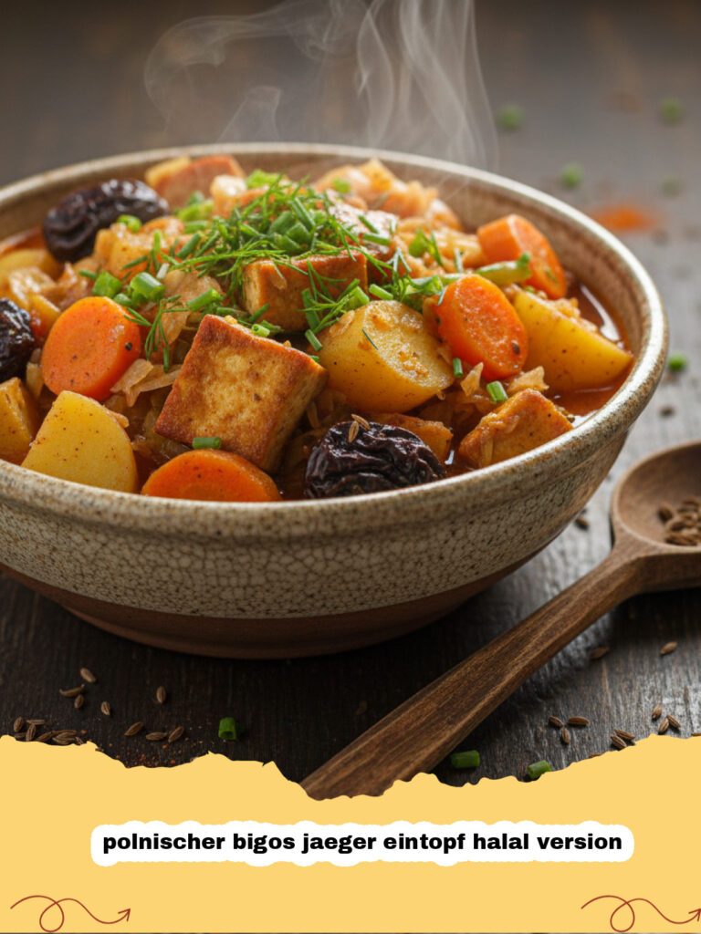 Ein dampfender Teller polnischer bigos jaeger eintopf halal version mit dunklem Brot