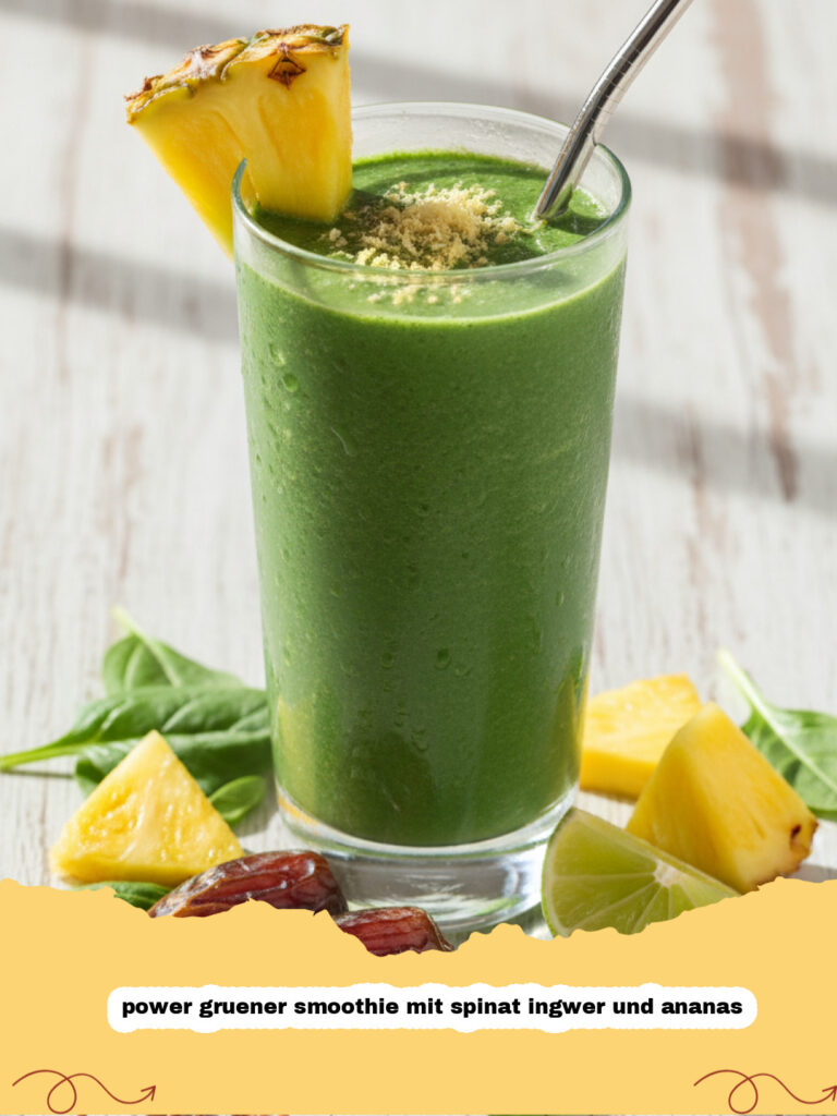 power gruener smoothie mit spinat ingwer und ananas - Ein großes Glas mit leuchtend grünem Power Grüner Smoothie, garniert mit Ananasstückchen und einem Spinatblatt.