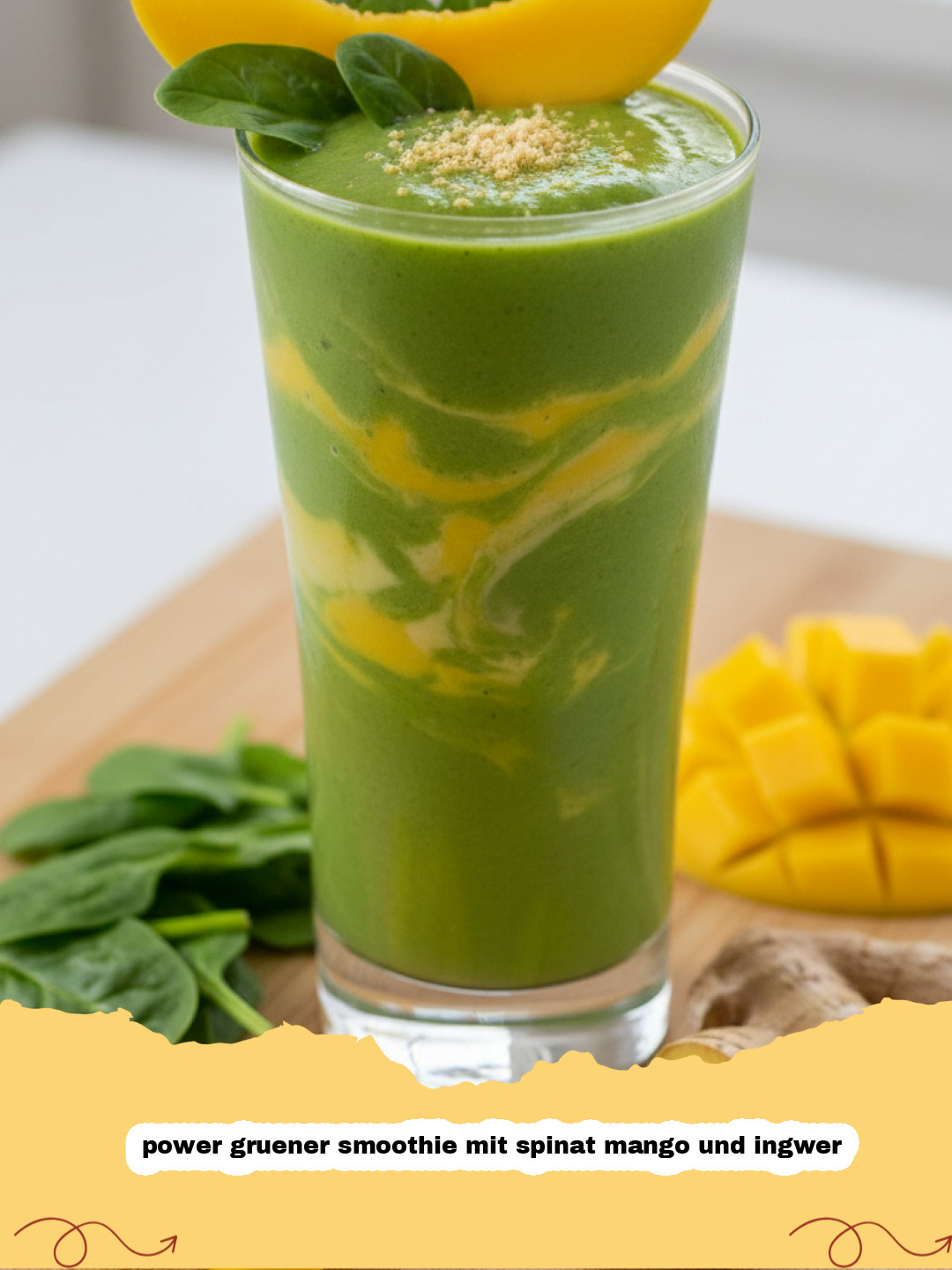 power gruener smoothie mit spinat mango und ingwer - Ein großes Glas mit einem leuchtend grünen Smoothie, garniert mit frischer Mango und Ingwerscheiben, auf einem hellen Holztisch.