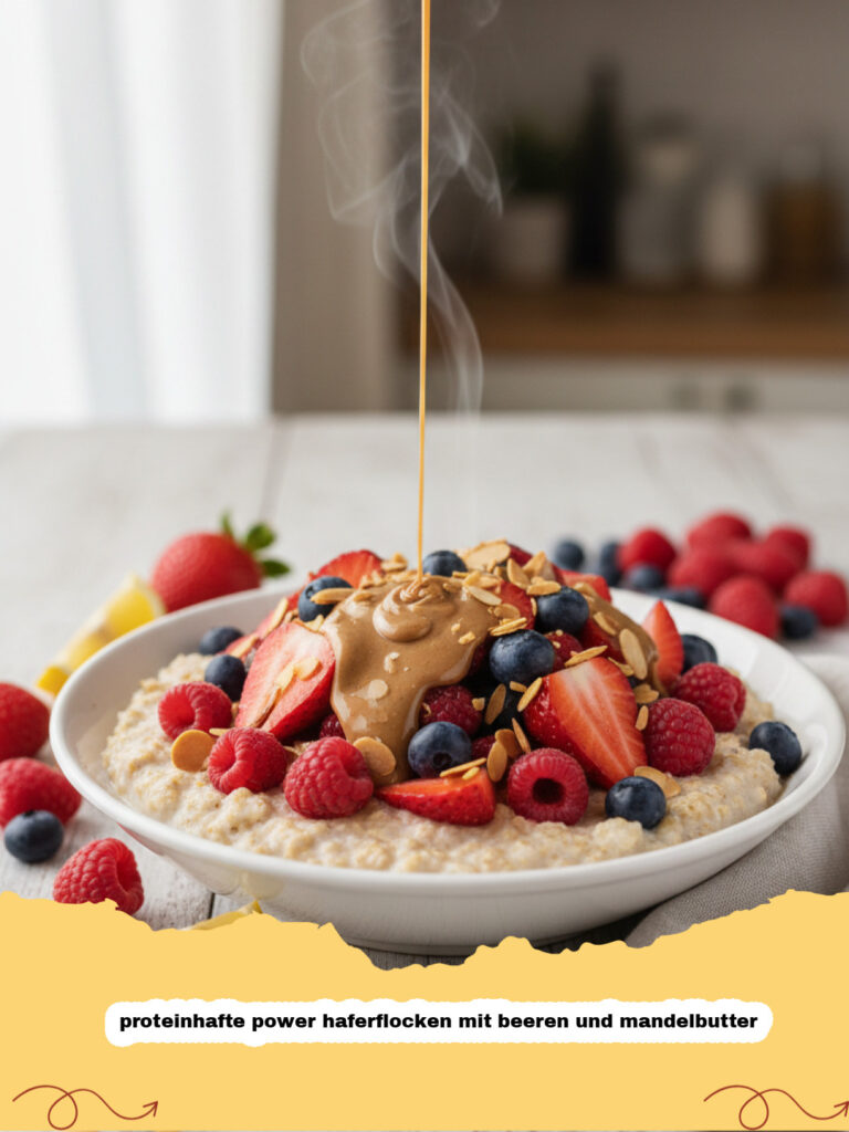 proteinhafte power haferflocken mit beeren und mandelbutter - Schüssel mit proteinhaften Power Haferflocken, garniert mit frischen Beeren und Mandelbutter-Swirls, auf einem Holztisch mit Löffel.