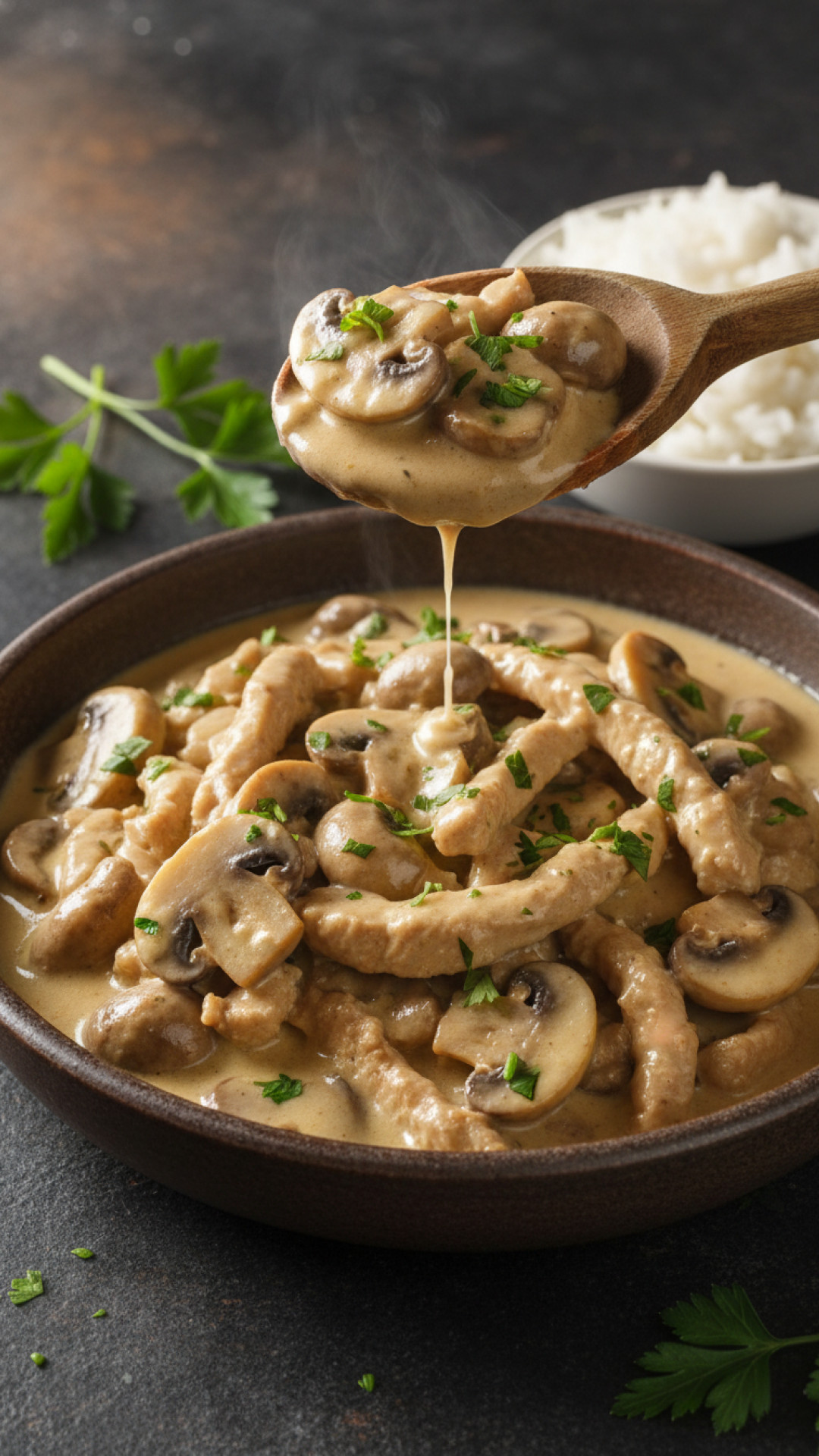Puten geschnetzeltes in Rahmsauce mit Pilzen Preparation