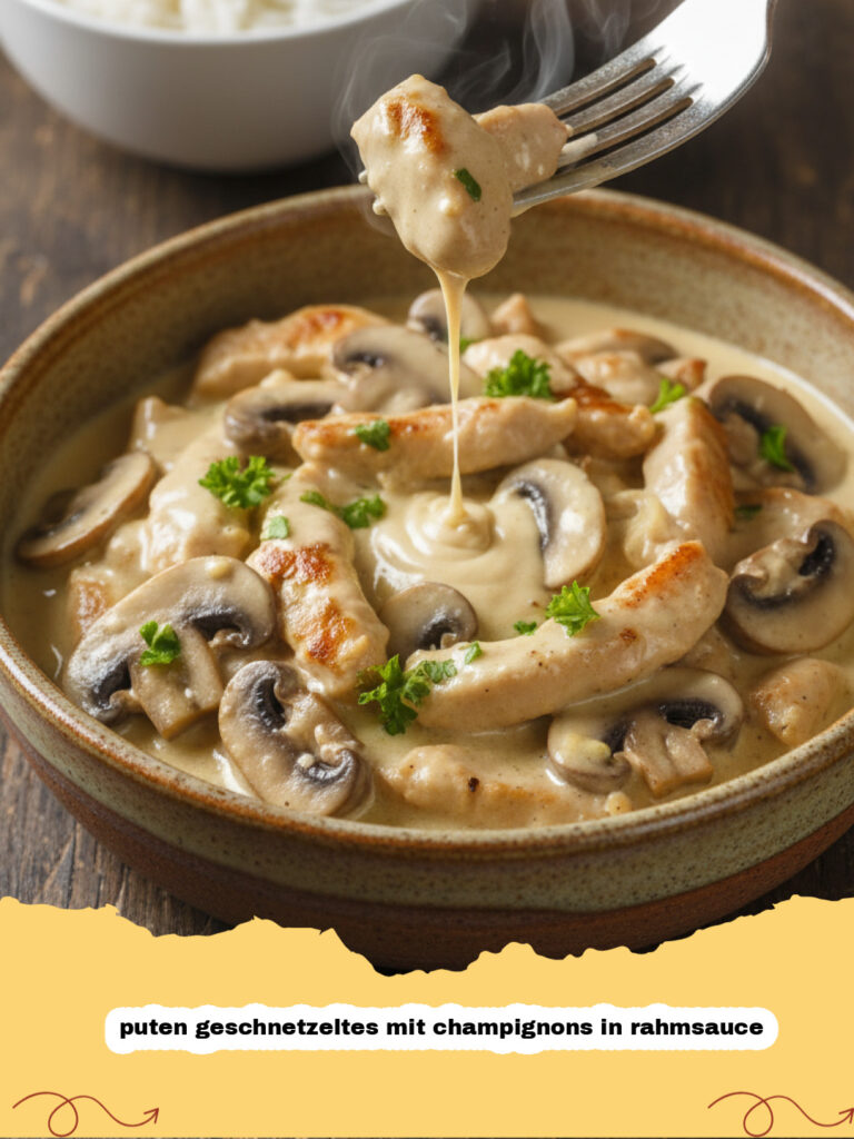 puten geschnetzeltes mit champignons in rahmsauce - Cremiges Puten Geschnetzeltes mit Champignons in Rahmsauce in einer Pfanne serviert