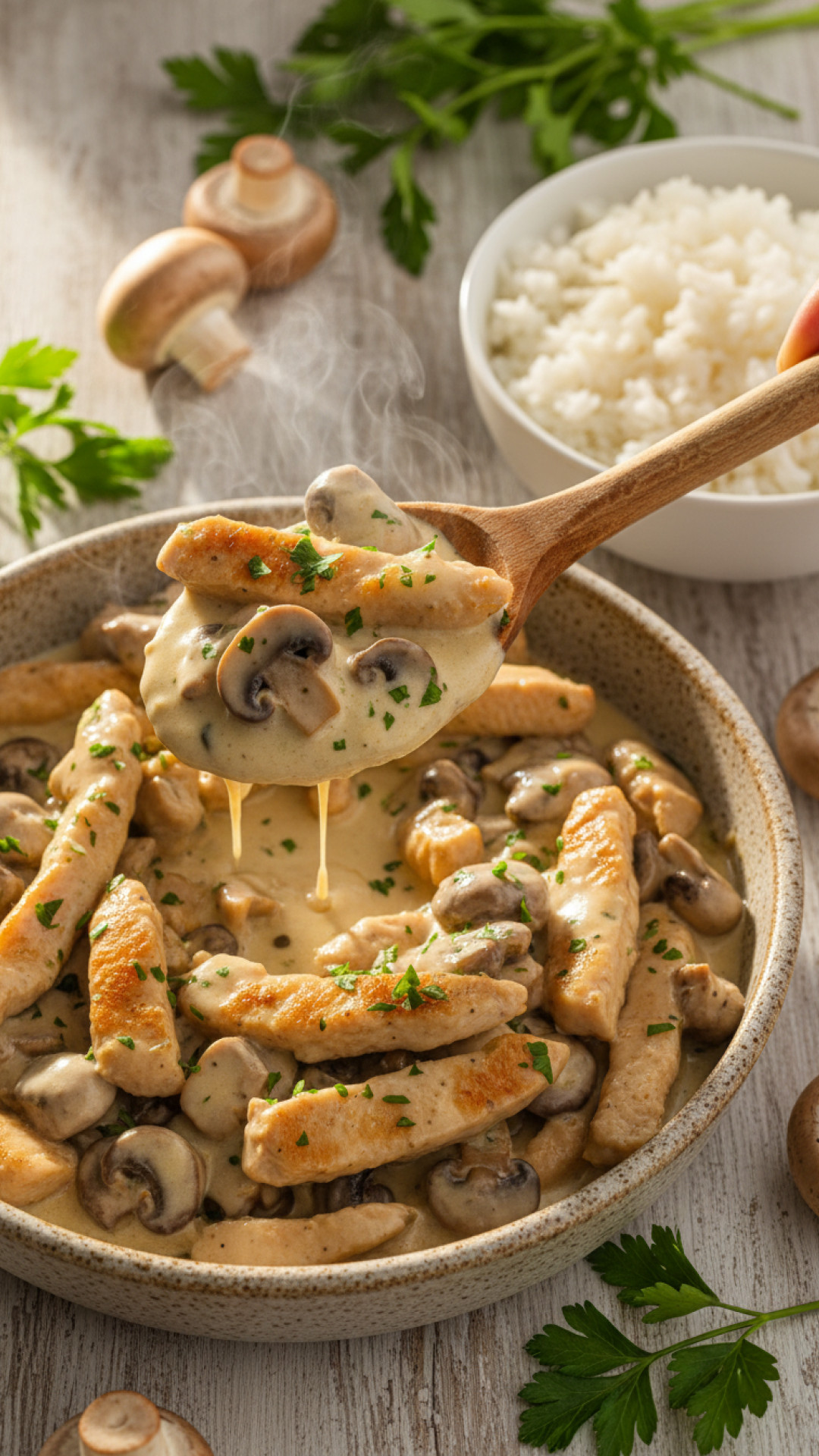 Puten Geschnetzeltes mit Pilzen in Rahmsauce Preparation