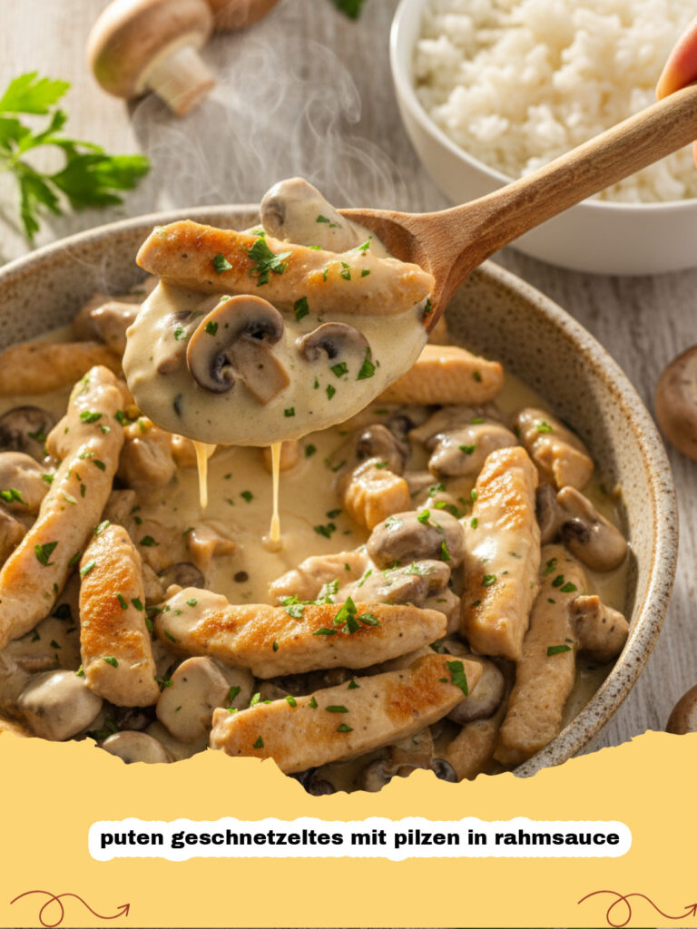 puten geschnetzeltes mit pilzen in rahmsauce - Cremiges Puten Geschnetzeltes mit Pilzen in Rahmsauce in einer Pfanne serviert