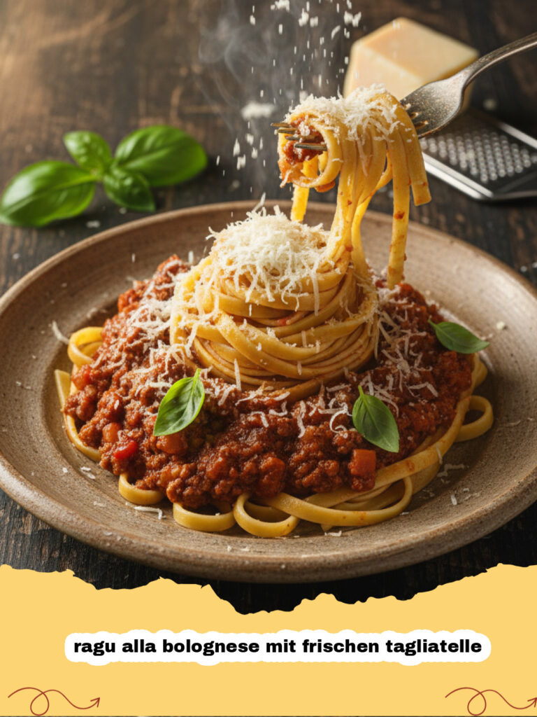 Ein Teller ragu alla bolognese mit frischen tagliatelle und Parmesan.