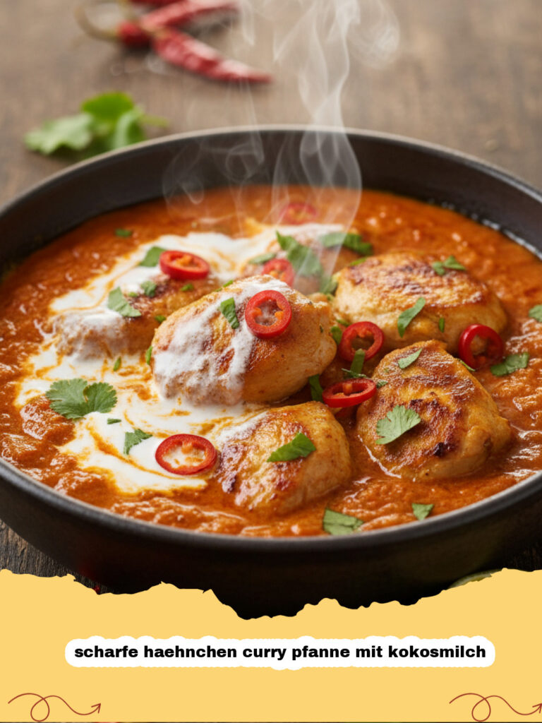 scharfe haehnchen curry pfanne mit kokosmilch - Scharfe Hähnchen Curry Pfanne mit Kokosmilch in einer großen Pfanne, serviert mit Reis und frischem Koriander.