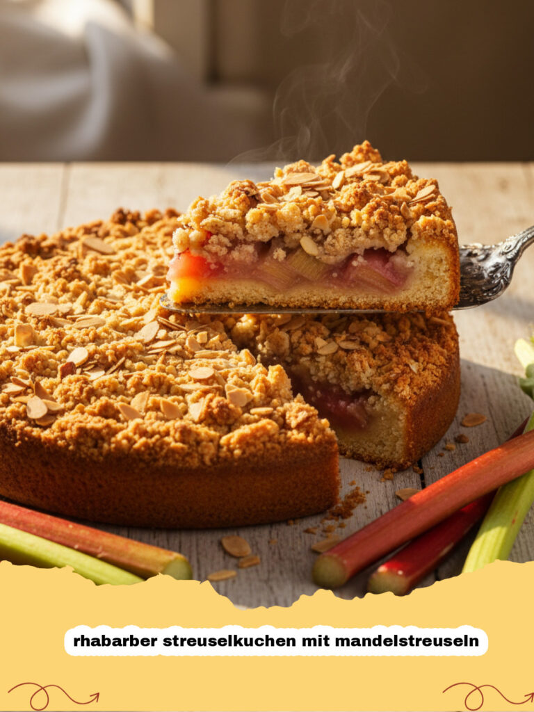 rhabarber streuselkuchen mit mandelstreuseln - Frisch gebackener Rhabarber Streuselkuchen mit Mandelstreuseln auf einem Kuchengitter.