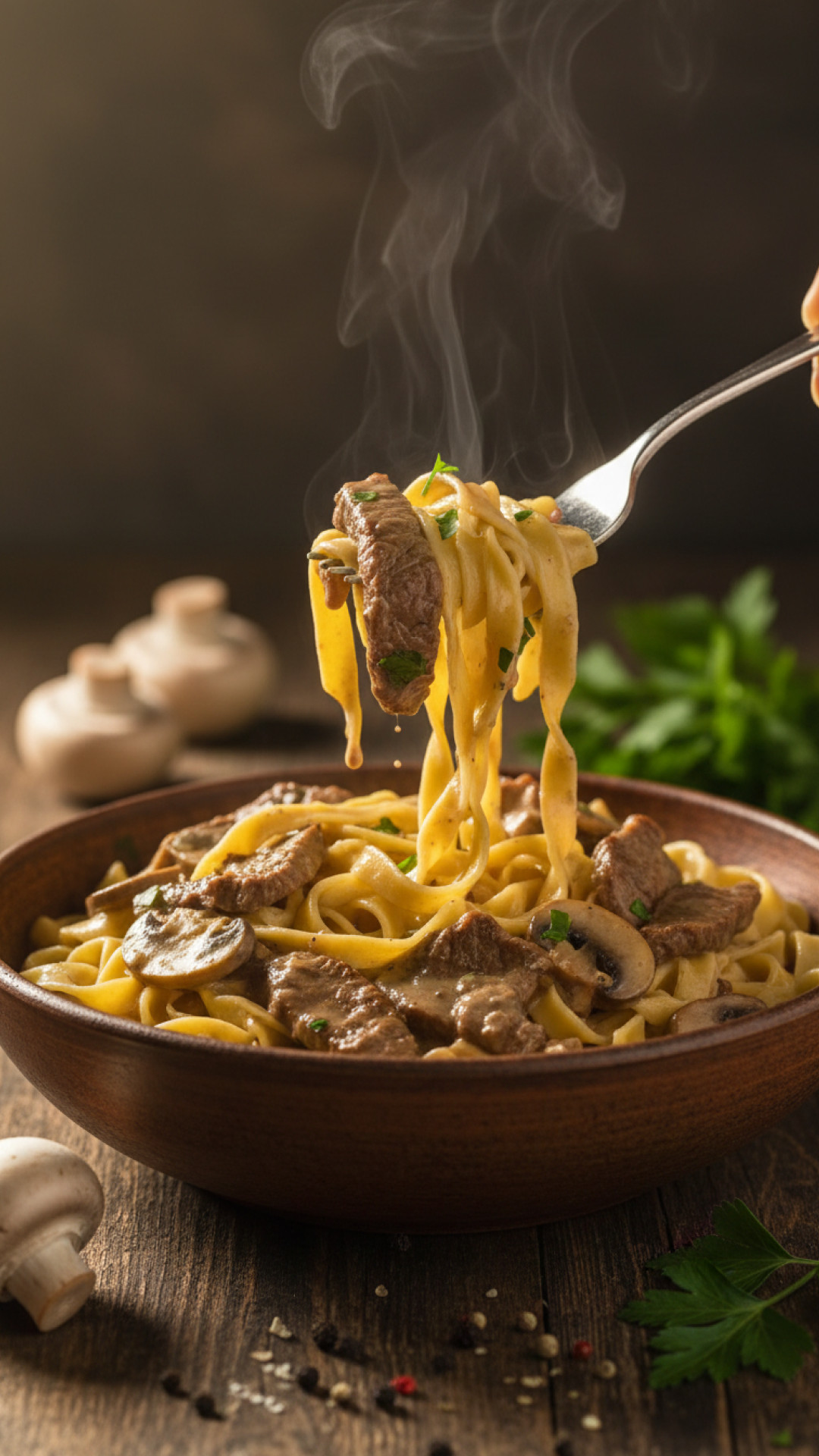 Rindfleisch Stroganoff in Sahnesoße mit Nudeln Preparation