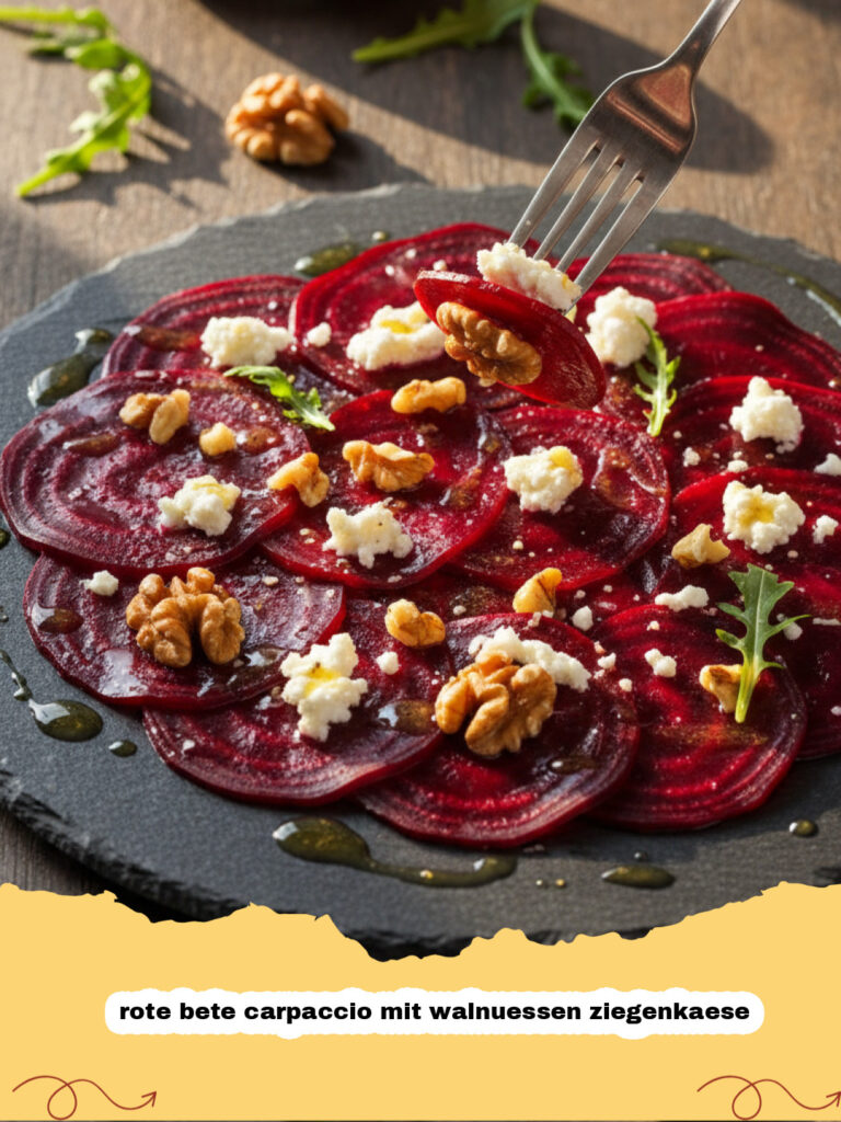 rote bete carpaccio mit walnuessen ziegenkaese - Ein wunderschönes Rote Bete Carpaccio mit Walnüssen und Ziegenkäse, garniert mit frischen Kräutern auf einem weißen Teller.