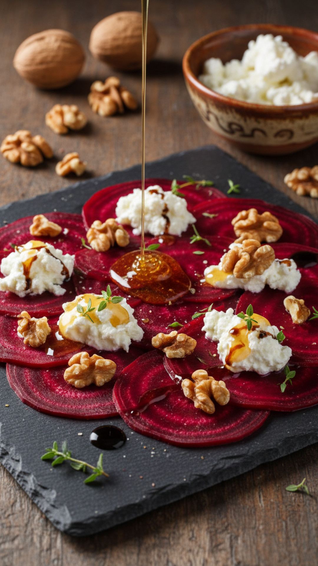 Rote Bete Carpaccio mit Ziegenkäse und Walnüssen Preparation