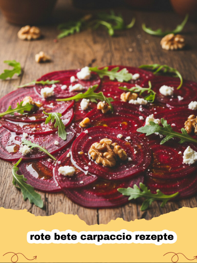rote bete carpaccio rezepte - Ein wunderschön angerichtetes Rote Bete Carpaccio mit Rucola und Ziegenkäse auf einem weißen Teller.