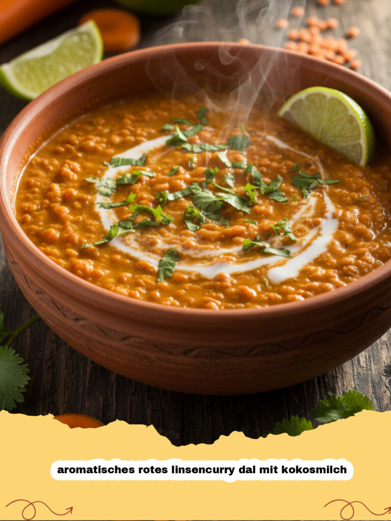 Ein Teller aromatisches rotes linsencurry dal mit kokosmilch garniert mit Koriander und Limette