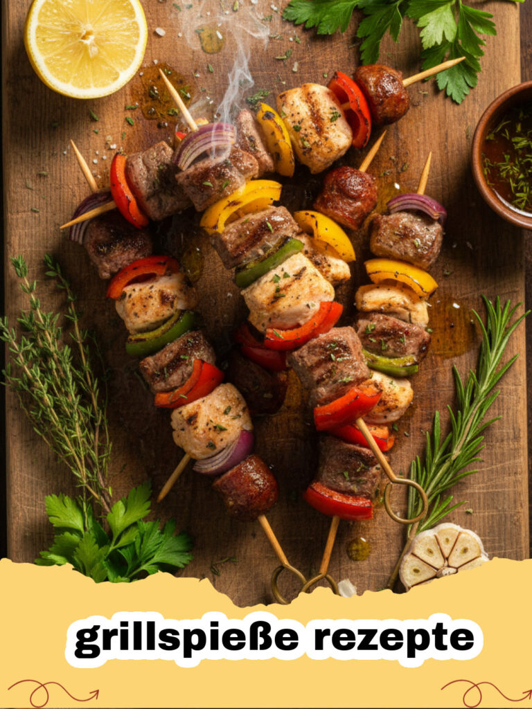 grillspieße rezepte - Bunte mediterrane Grillspieße mit Hähnchen und Gemüse auf einem Rost