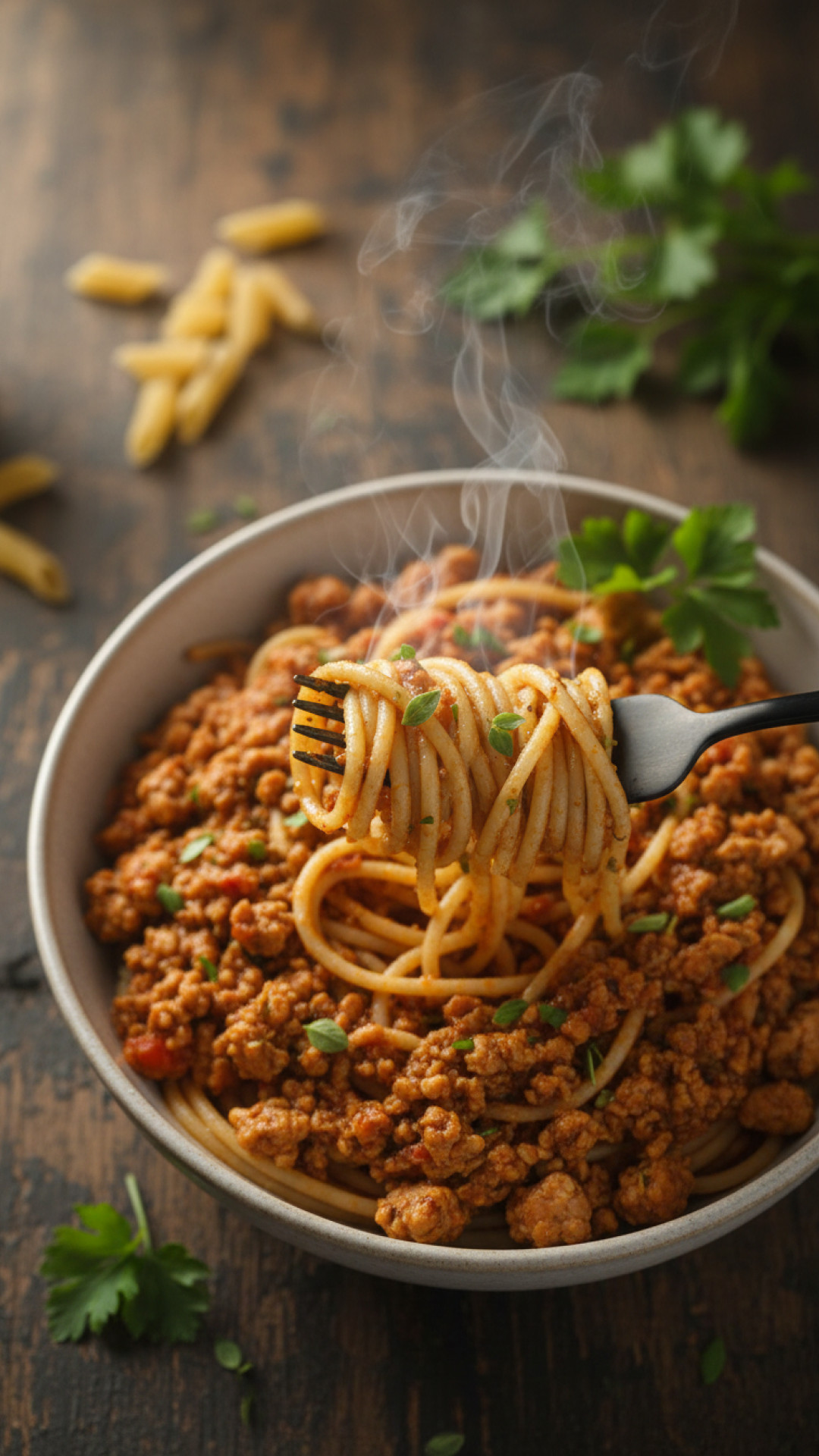 Saftige Puten-Hack-Bolognese mit Vollkornnudeln Preparation
