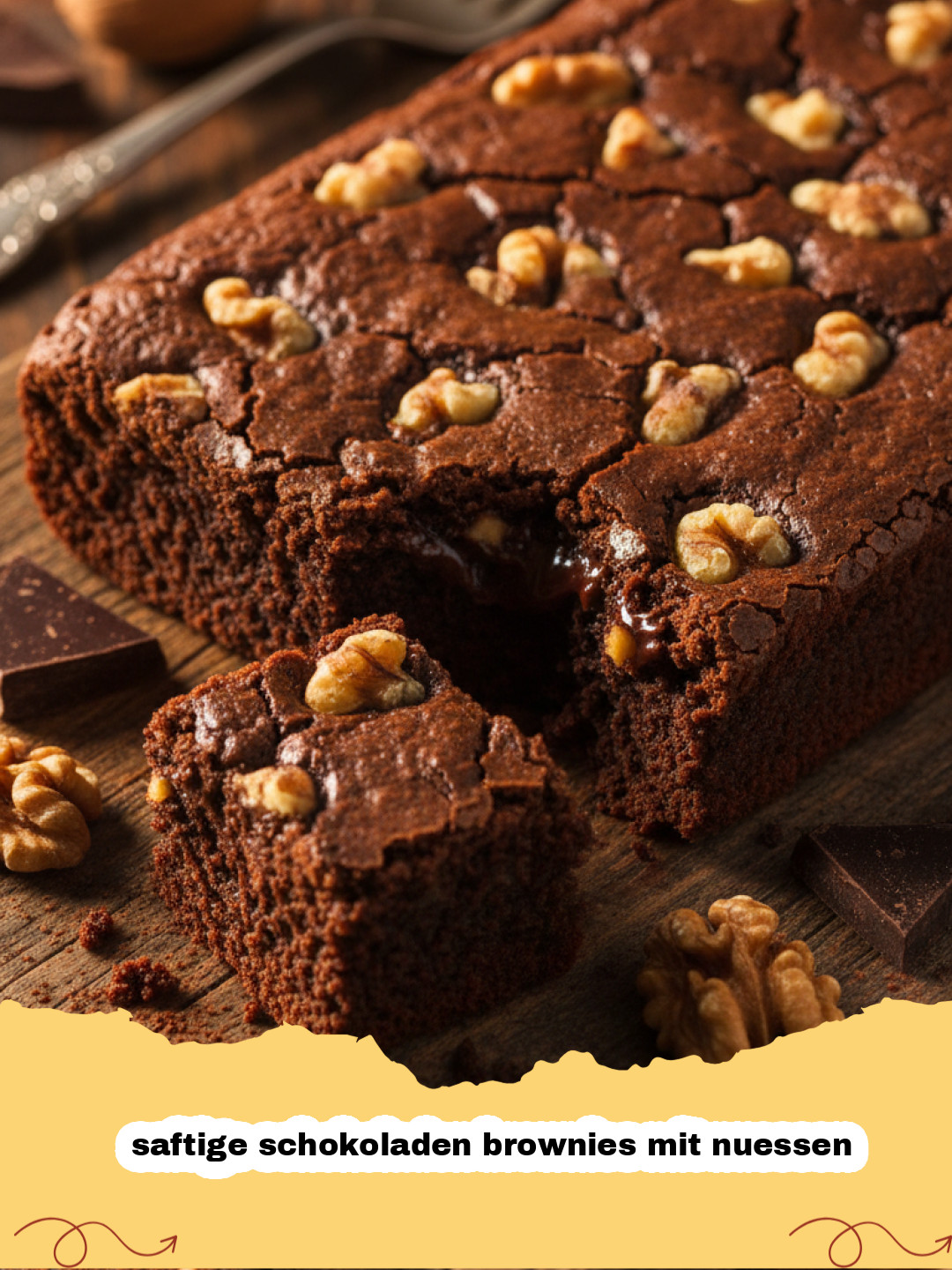 saftige schokoladen brownies mit nuessen - Ein Blech mit frisch gebackenen, saftigen Schokoladen Brownies mit Walnüssen, fertig zum Anschneiden.