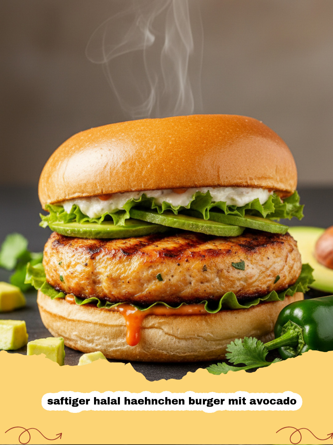 saftiger halal haehnchen burger mit avocado - Ein saftiger Halal Hähnchen Burger mit Avocado, aufgeschnitten mit cremiger Guacamole und frischem Salat.