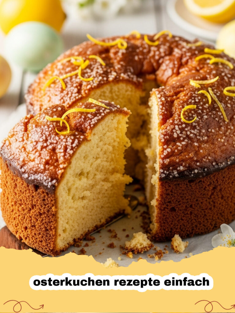 osterkuchen rezepte einfach - Ein saftiger Quark-Osterkuchen mit Zitronenglasur und Osterdekoration auf einer Holzplatte.