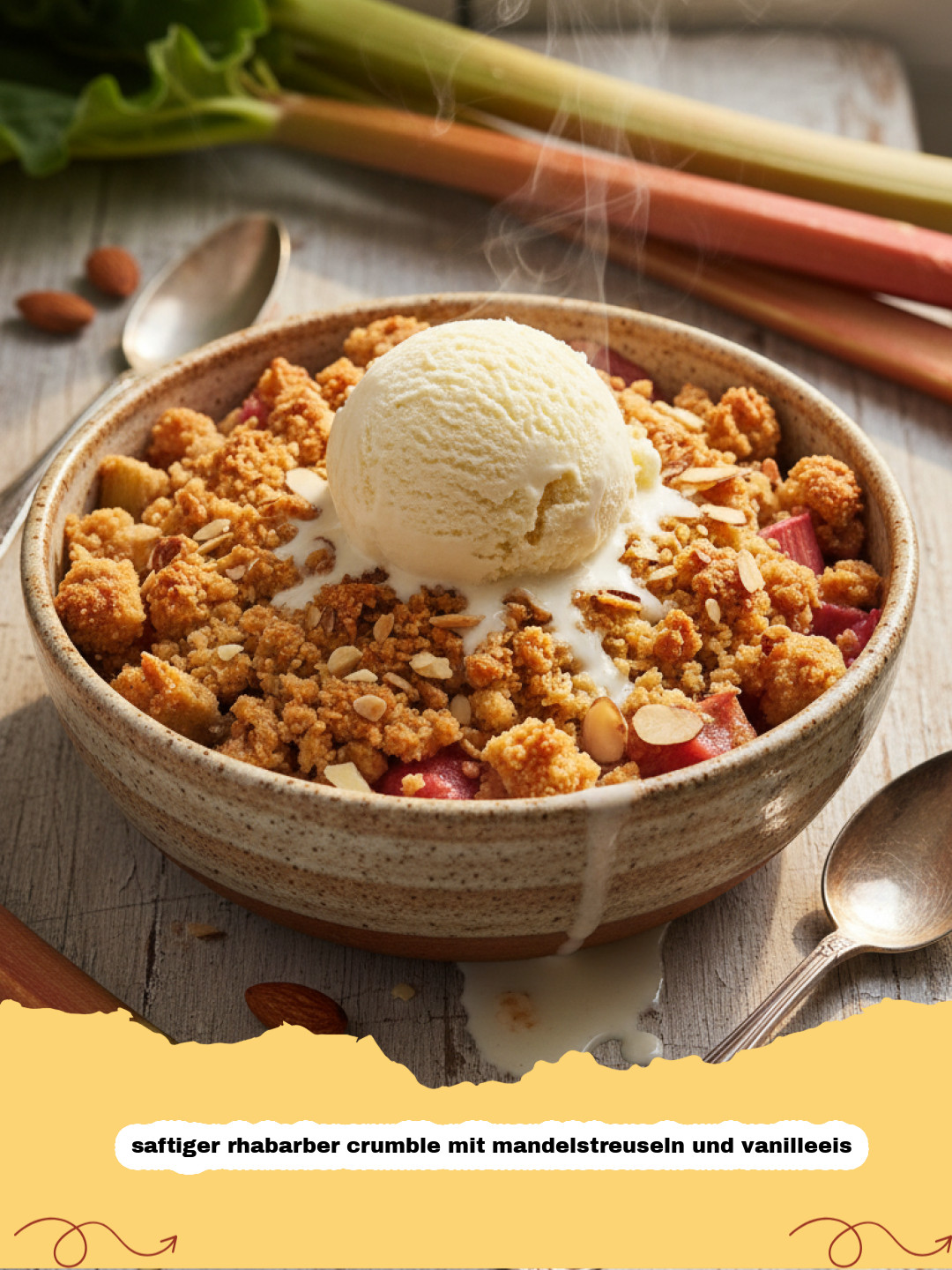 Saftiger Rhabarber Crumble mit Mandelstreuseln und Vanilleeis – Das Frühlings-Highlight