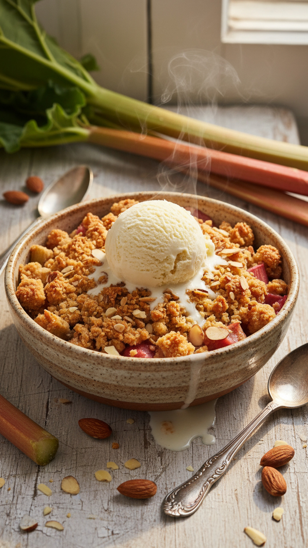 Saftiger Rhabarber Crumble mit Mandelstreuseln und Vanilleeis Preparation