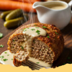 saftiger rinder hackbraten klassisch mit rahmsosse - Ein goldbraun gebackener Rinder Hackbraten in Scheiben geschnitten, bedeckt mit cremiger Rahmsosse, daneben Kartoffelpüree und grüne Bohnen.