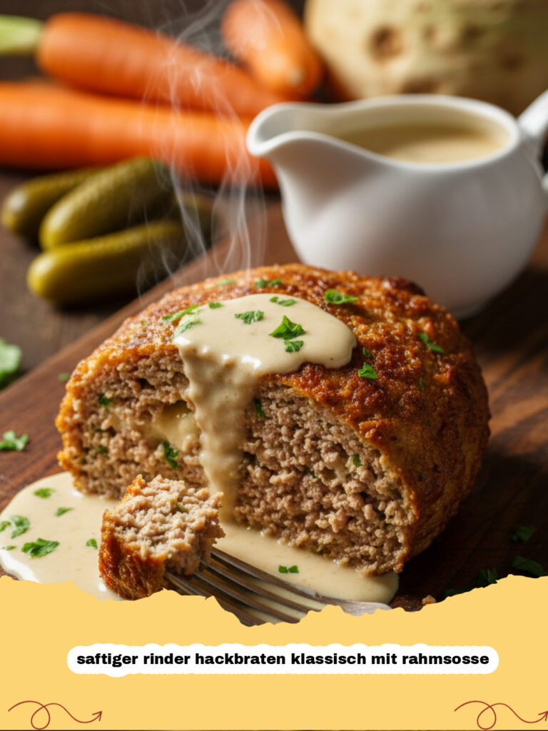 saftiger rinder hackbraten klassisch mit rahmsosse - Ein goldbraun gebackener Rinder Hackbraten in Scheiben geschnitten, bedeckt mit cremiger Rahmsosse, daneben Kartoffelpüree und grüne Bohnen.