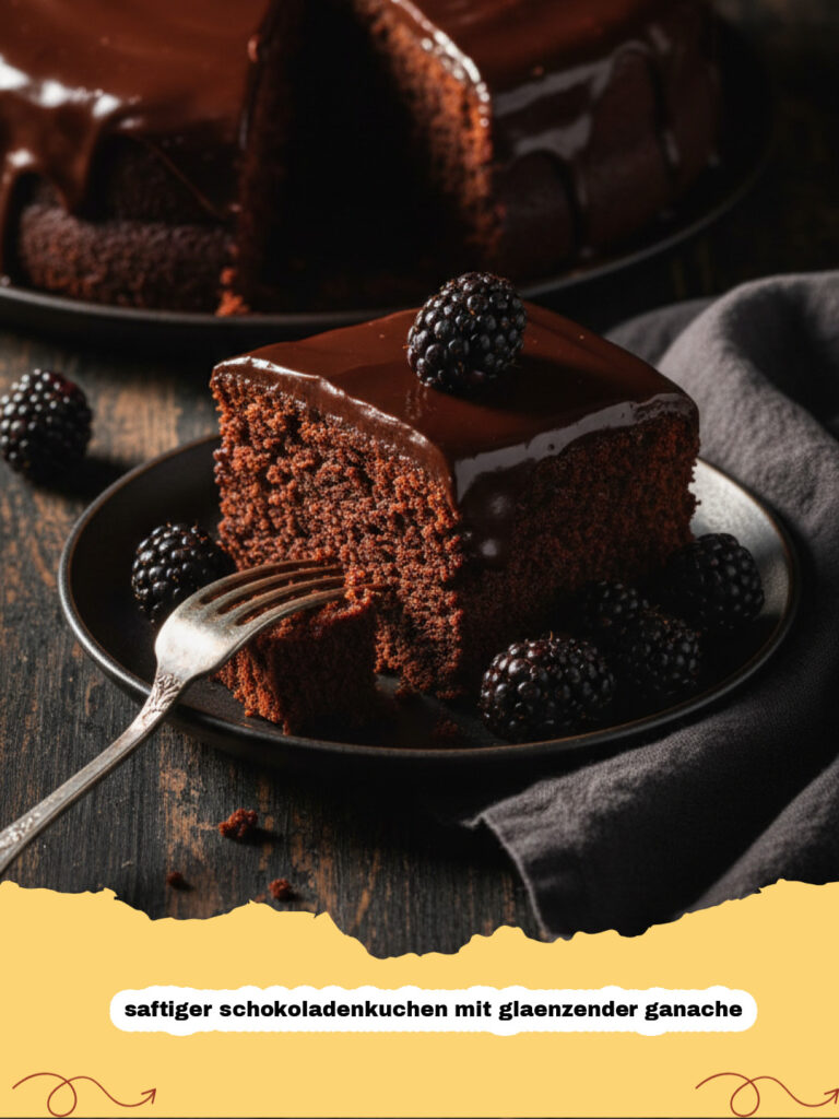 saftiger schokoladenkuchen mit glaenzender ganache - Ein Stück saftiger Schokoladenkuchen mit glänzender Ganache auf einem Teller