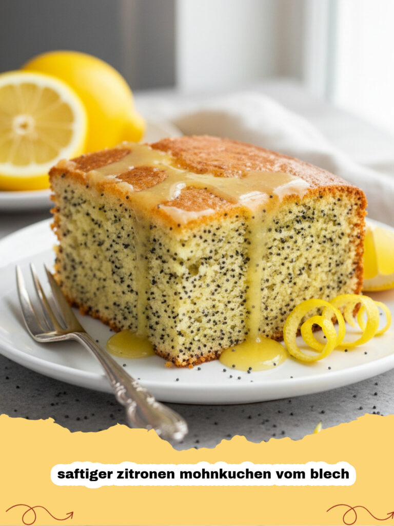 saftiger zitronen mohnkuchen vom blech - Ein großes Stück saftiger Zitronen Mohnkuchen vom Blech mit weißem Zuckerguss und Zitronenzesten dekoriert.