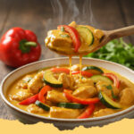 saftiges haehnchen curry mit kokosmilch und gemuese - Ein Teller mit cremigem saftigen Hähnchen Curry mit Kokosmilch und viel Gemüse, garniert mit frischem Koriander und Reis.