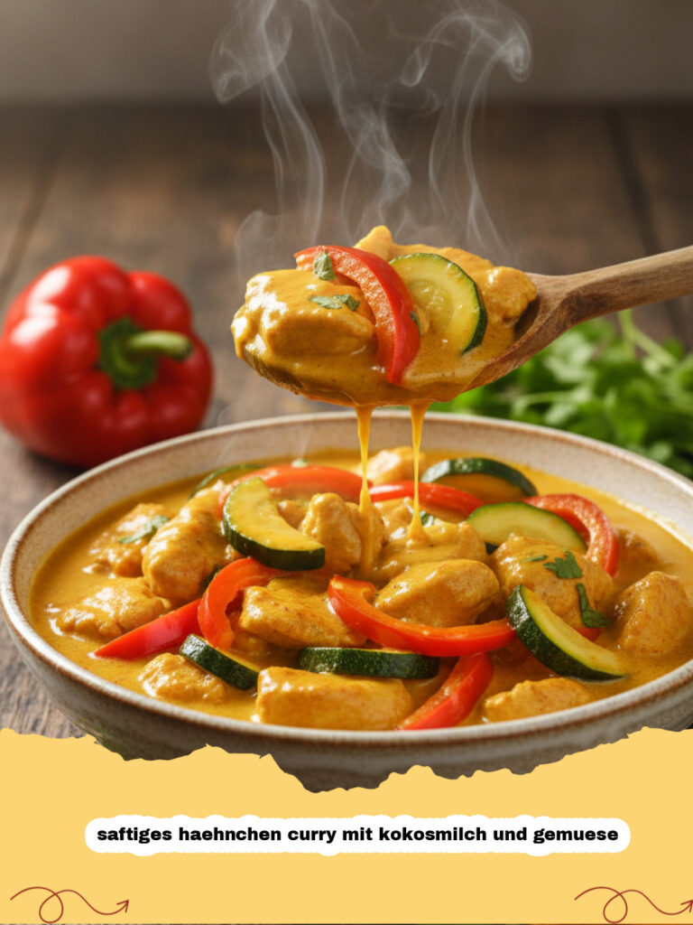 saftiges haehnchen curry mit kokosmilch und gemuese - Ein Teller mit cremigem saftigen Hähnchen Curry mit Kokosmilch und viel Gemüse, garniert mit frischem Koriander und Reis.