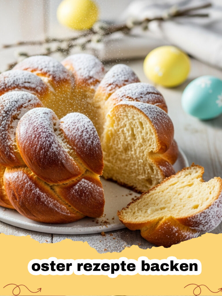 oster rezepte backen - Ein perfekt gebackenes Osterlamm, bestäubt mit Puderzucker und verziert mit einem kleinen Schleifchen, auf einem festlichen Ostertisch.