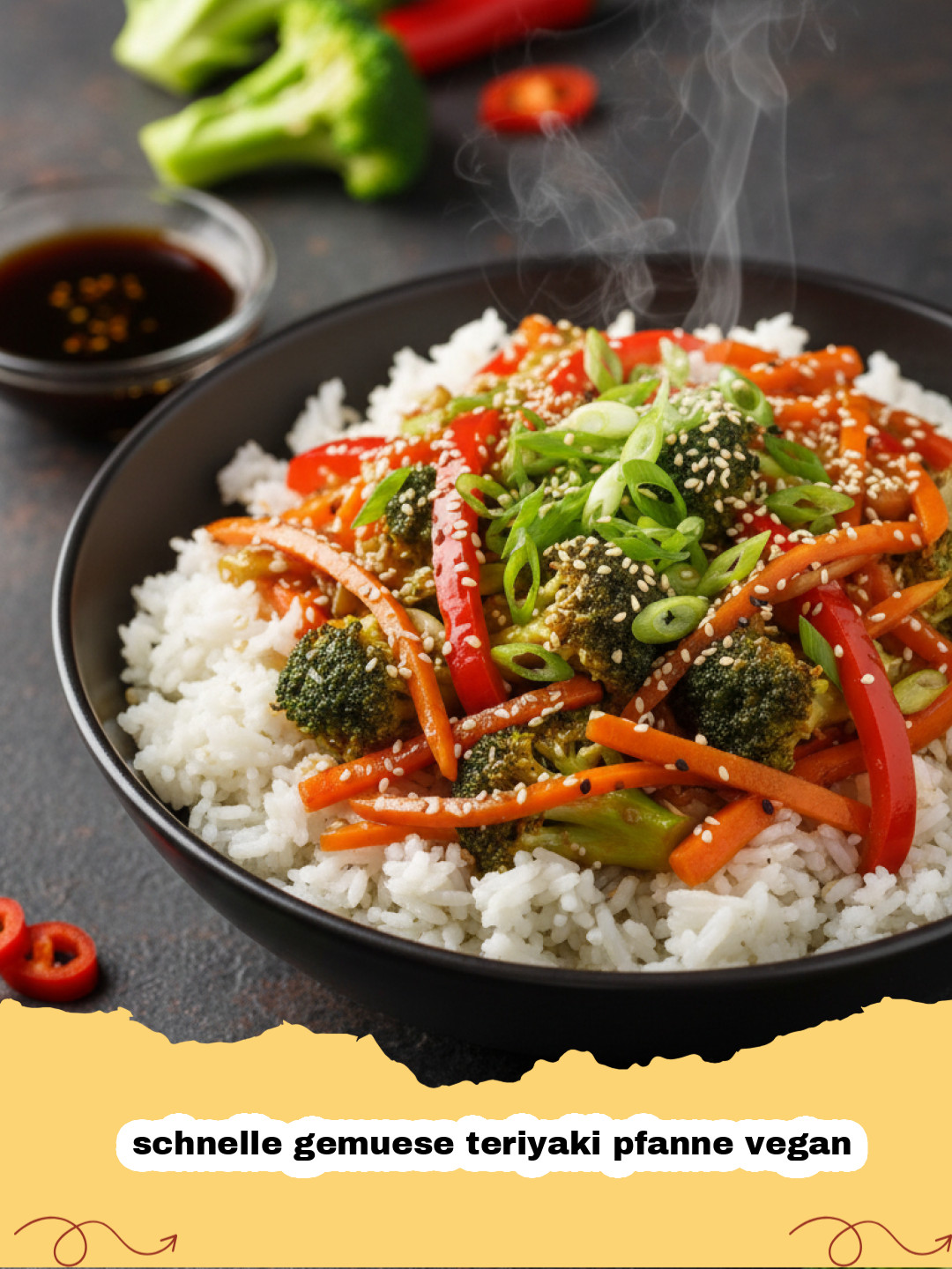 schnelle gemuese teriyaki pfanne vegan - Bunte, schnelle vegane Gemüse Teriyaki Pfanne mit Tofu und Reis in einer Schale