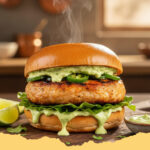 schnelle haehnchen burger mit avocado creme - Ein appetitlicher schnelle Hähnchen Burger mit Avocado Creme, frischen Tomaten und Salat auf einem Holzbrett.