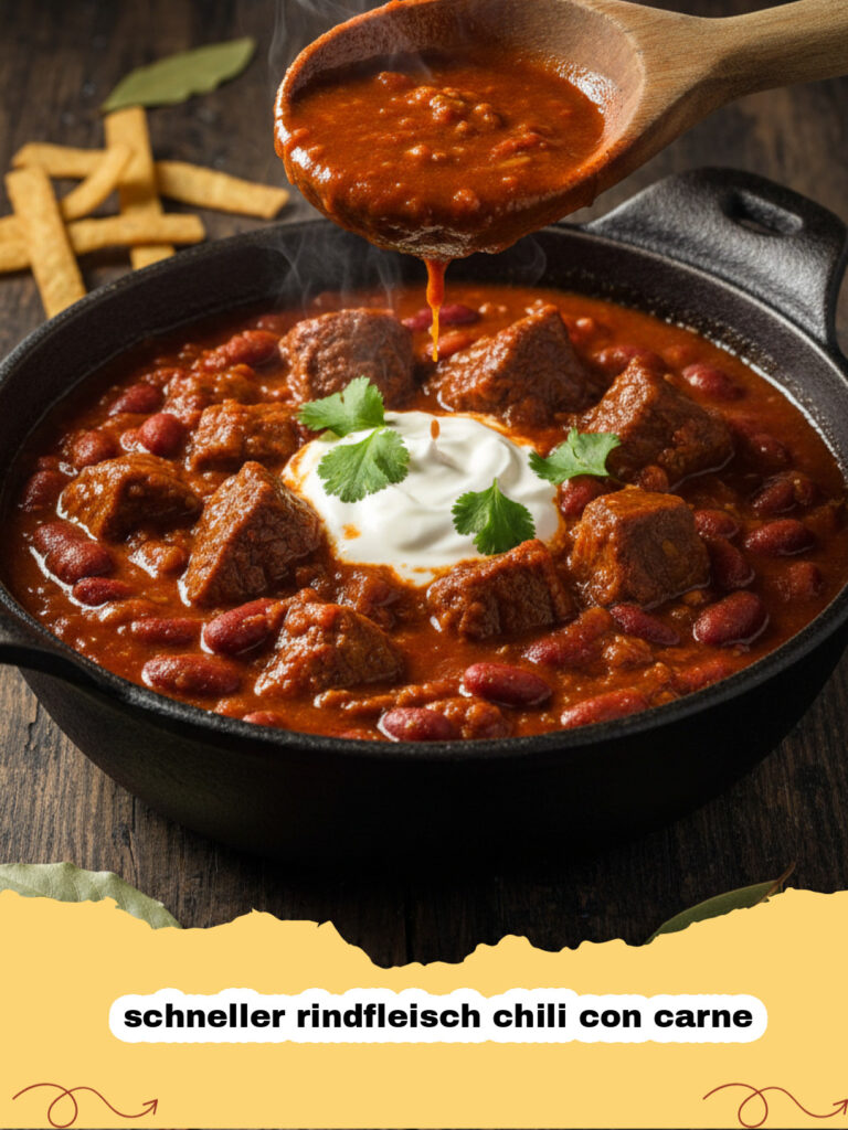 schneller rindfleisch chili con carne - Ein dampfendes Schälchen schnelles Rindfleisch Chili con Carne, garniert mit frischem Koriander und einem Klecks Sour Cream.