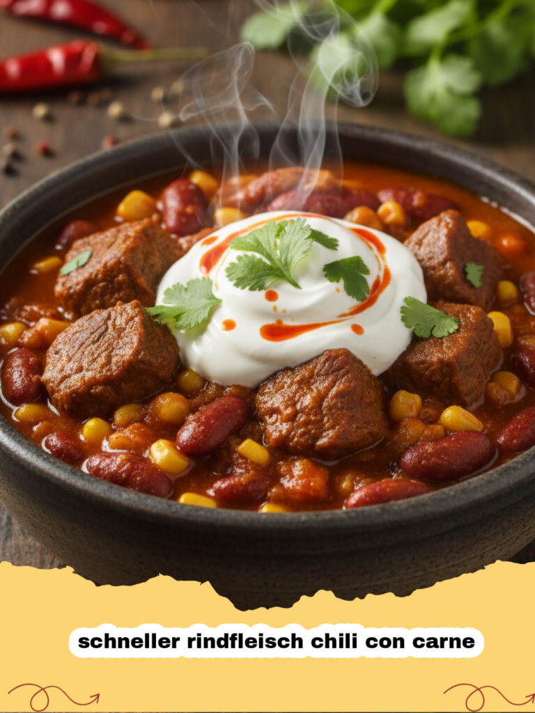 schneller rindfleisch chili con carne - Eine herzhafte Schale schneller Rindfleisch Chili con Carne, garniert mit frischem Koriander, Sauerrahm und Käse.