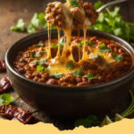schneller rindfleisch chili con carne - Herzhaftes, schnelles Rindfleisch Chili con Carne in einer Schale, garniert mit Koriander und Sauerrahm.
