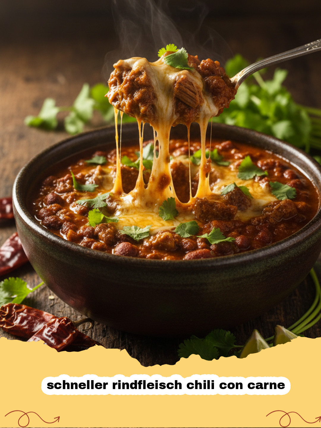 schneller rindfleisch chili con carne - Herzhaftes, schnelles Rindfleisch Chili con Carne in einer Schale, garniert mit Koriander und Sauerrahm.
