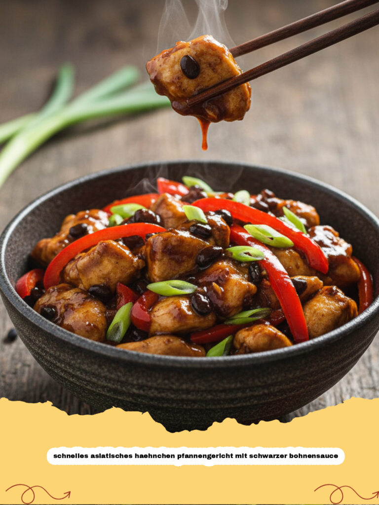 schnelles asiatisches haehnchen pfannengericht mit schwarzer bohnensauce - Ein Teller mit schnellem asiatischem Hähnchen Pfannengericht mit schwarzer Bohnensauce, garniert mit Sesam und Frühlingszwiebeln, serviert mit Reis.