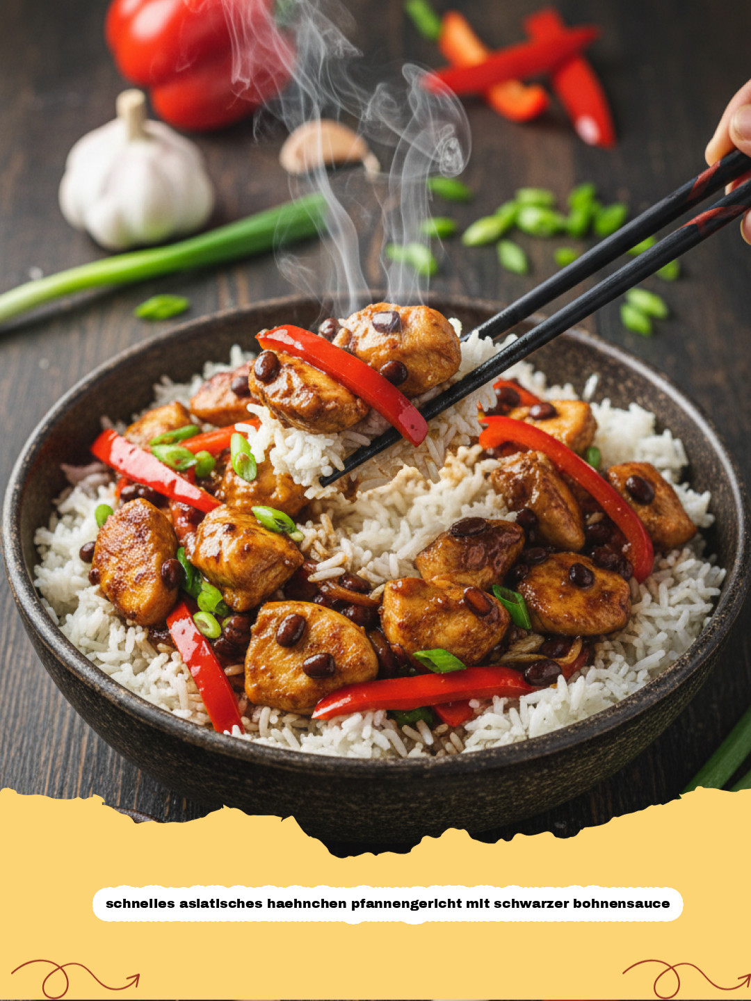 schnelles asiatisches haehnchen pfannengericht mit schwarzer bohnensauce - Asiatisches Hähnchen Pfannengericht mit schwarzer Bohnensauce und Reis