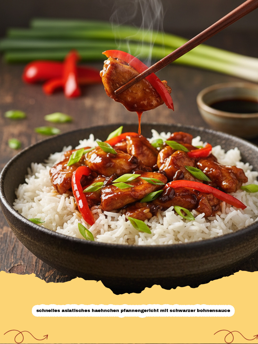 schnelles asiatisches haehnchen pfannengericht mit schwarzer bohnensauce - Schnelles Asiatisches Hähnchen Pfannengericht mit Schwarzer Bohnensauce auf Reis in einer Schale