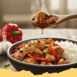 schnelles asiatisches haehnchen pfannengericht mit schwarzer bohnensauce - Ein Teller mit schnellem asiatischem Hähnchen Pfannengericht mit schwarzer Bohnensauce und Reis.