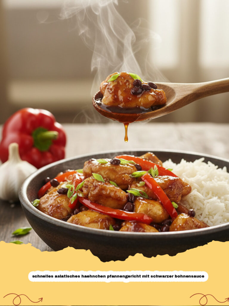 schnelles asiatisches haehnchen pfannengericht mit schwarzer bohnensauce - Ein Teller mit schnellem asiatischem Hähnchen Pfannengericht mit schwarzer Bohnensauce und Reis.